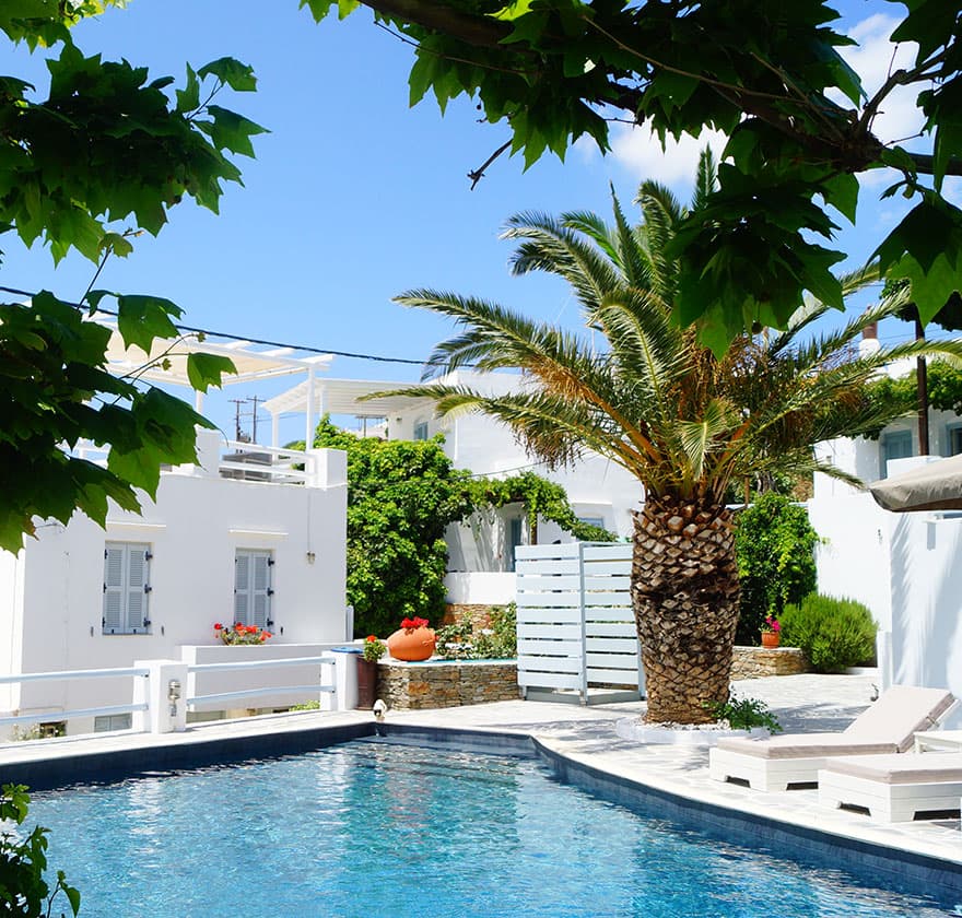 Whitewashed hotel buildings with blue shutters around the pool, under a palm tree